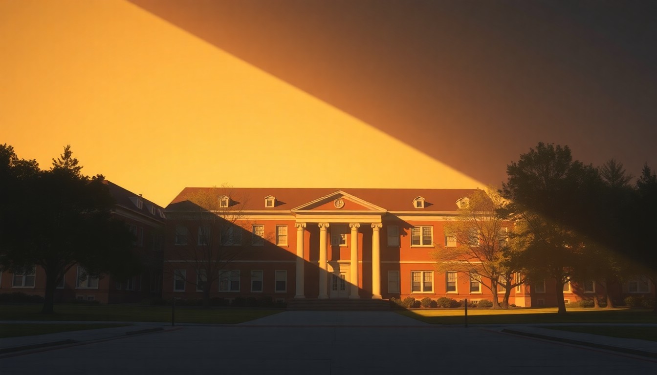 A serene, photorealistic painting of a single university building with a classic architectural style, its facade illuminated by warm, angled sunlight creating deep shadows, conveying a sense of quiet contemplation about the future of higher education in Ohio.