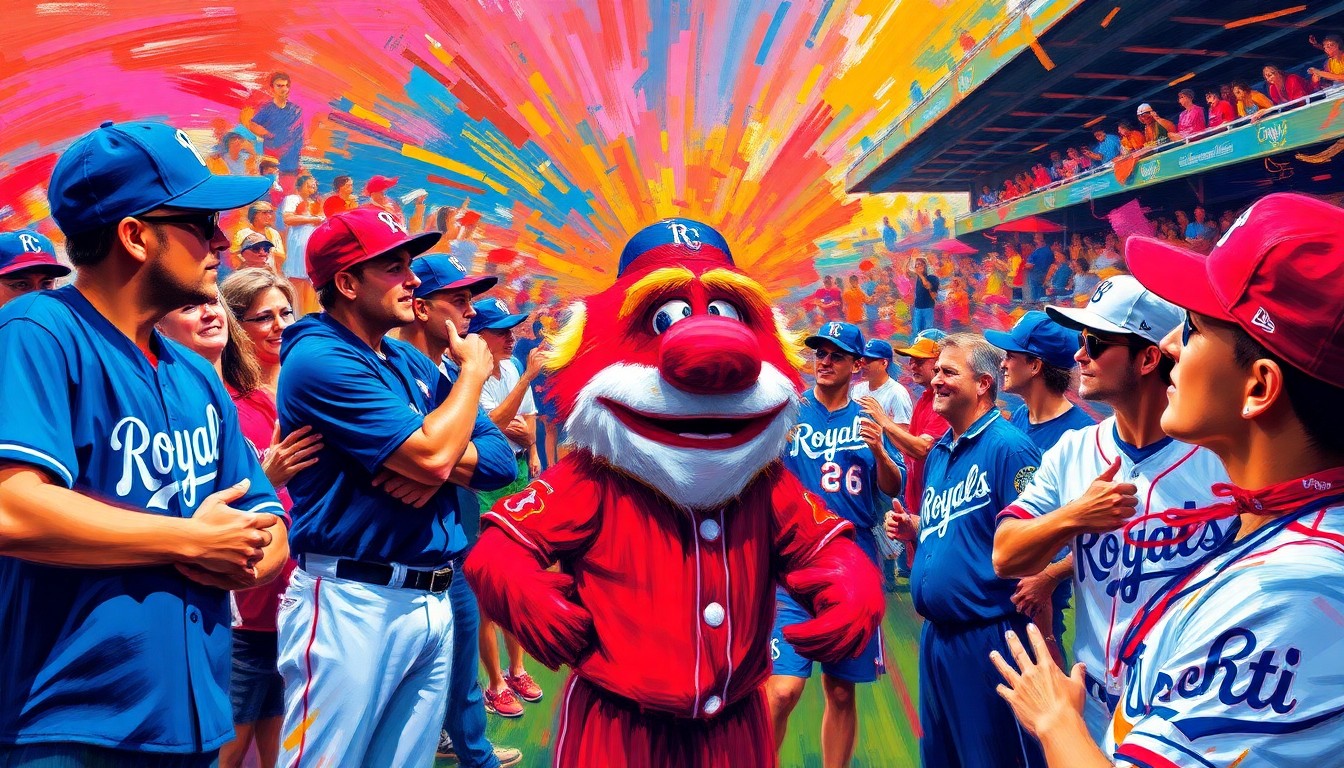 An abstract, energetic painting in neon colors depicting the blurred figures of baseball fans, players, and the Royals mascot at a lively tailgate event.