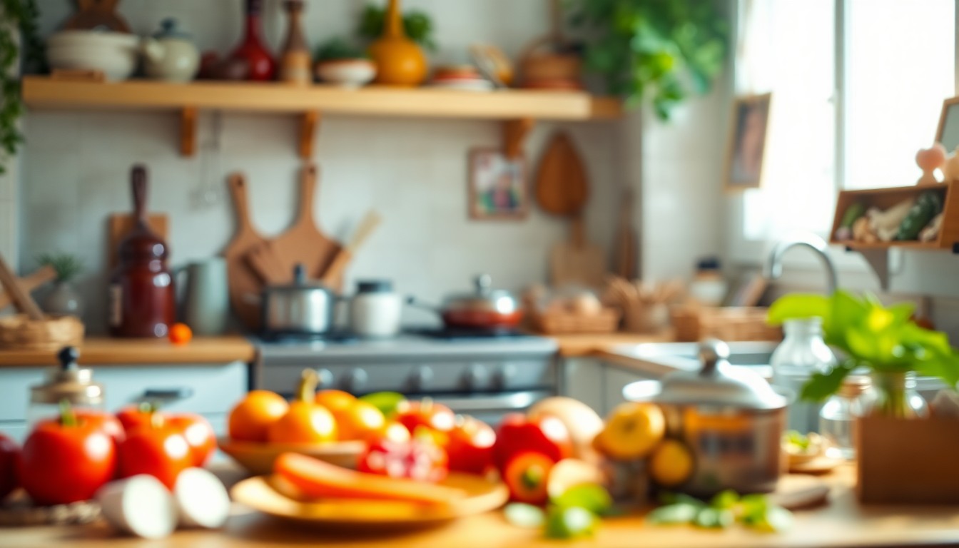 An abstract, impressionistic photograph of a dimly lit kitchen counter with blurred Italian ingredients, cooking tools, and family photos, conveying a sense of warmth, nostalgia, and community.