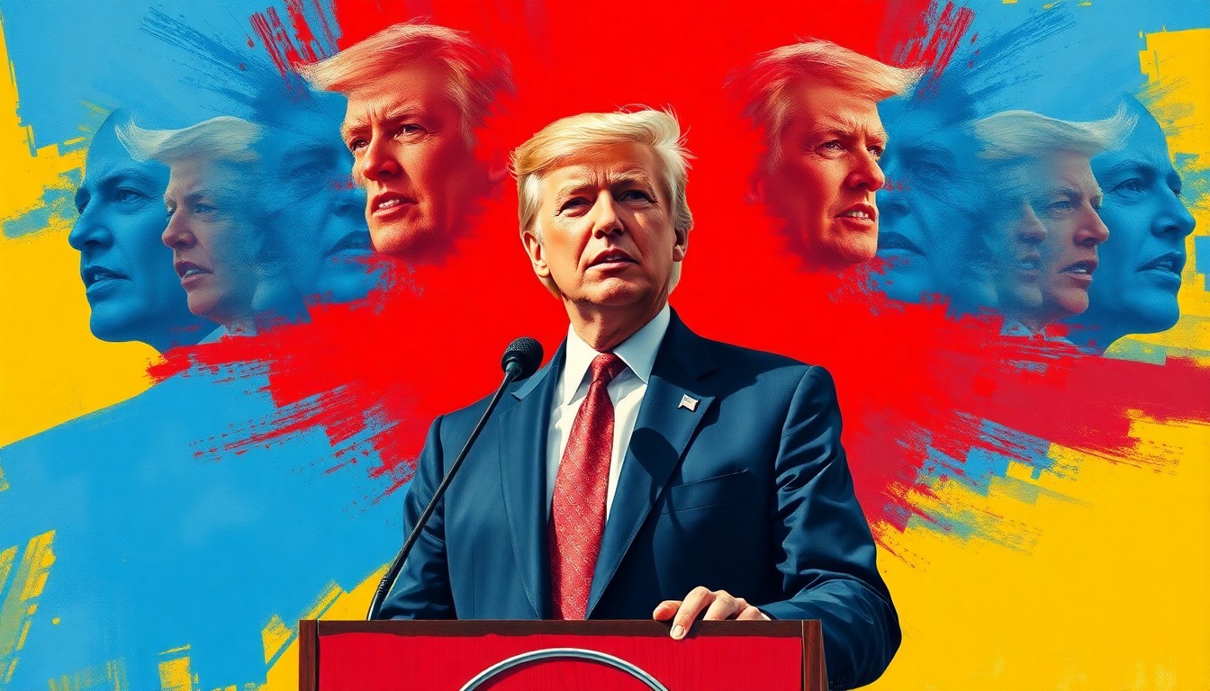 A dynamic, abstract painting featuring a politician's image repeated and overlapping in waves of bold, contrasting colors, conveying a sense of political energy and movement.