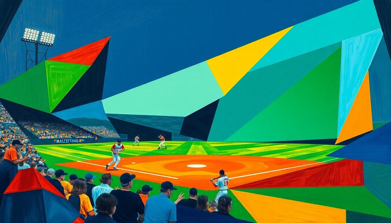 A cubist, geometric painting depicting a baseball game, with the players and field abstracted into vibrant, angular shapes and planes in a palette of navy blue, forest green, and burnt orange.
