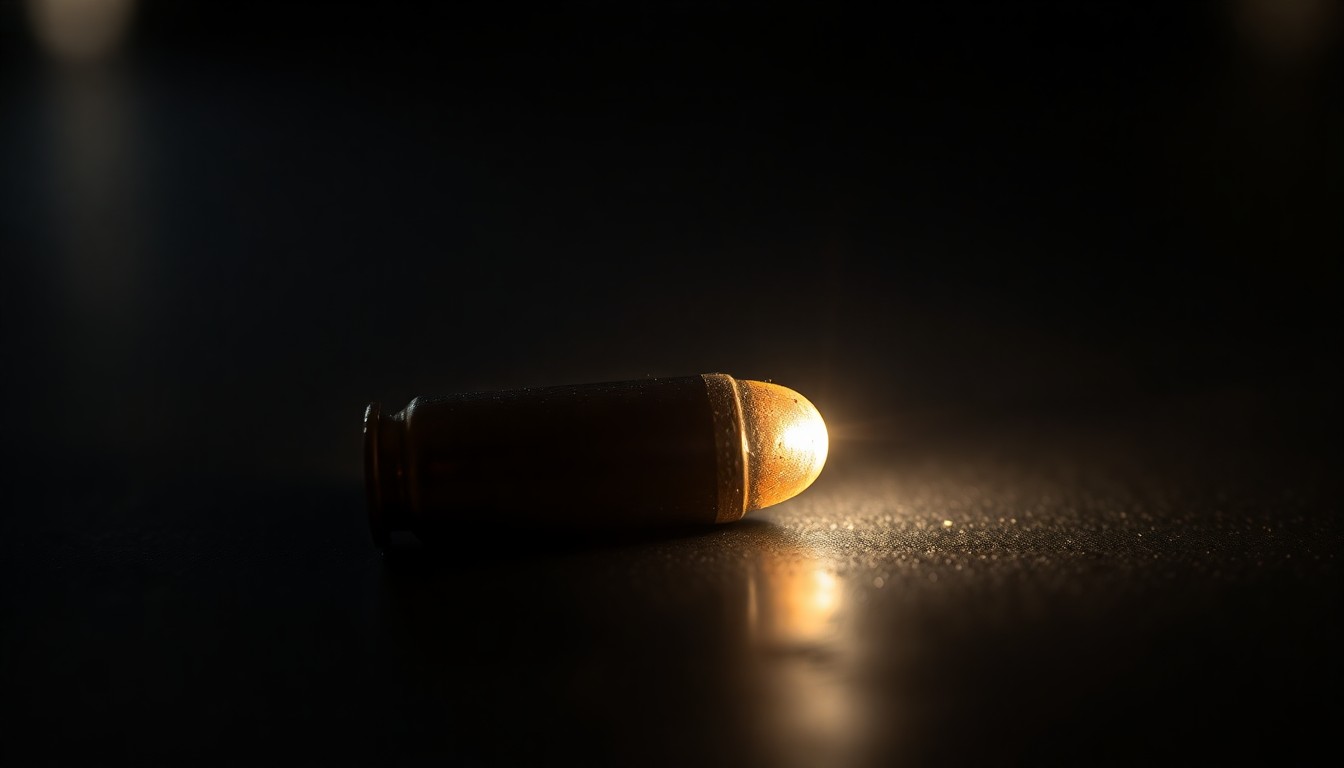 An extreme close-up photograph of a single spent bullet casing on a dark surface, the harsh flash illuminating the metallic texture and form of the object in a stark, gritty manner that conveys the gravity of the situation without depicting any actual violence.