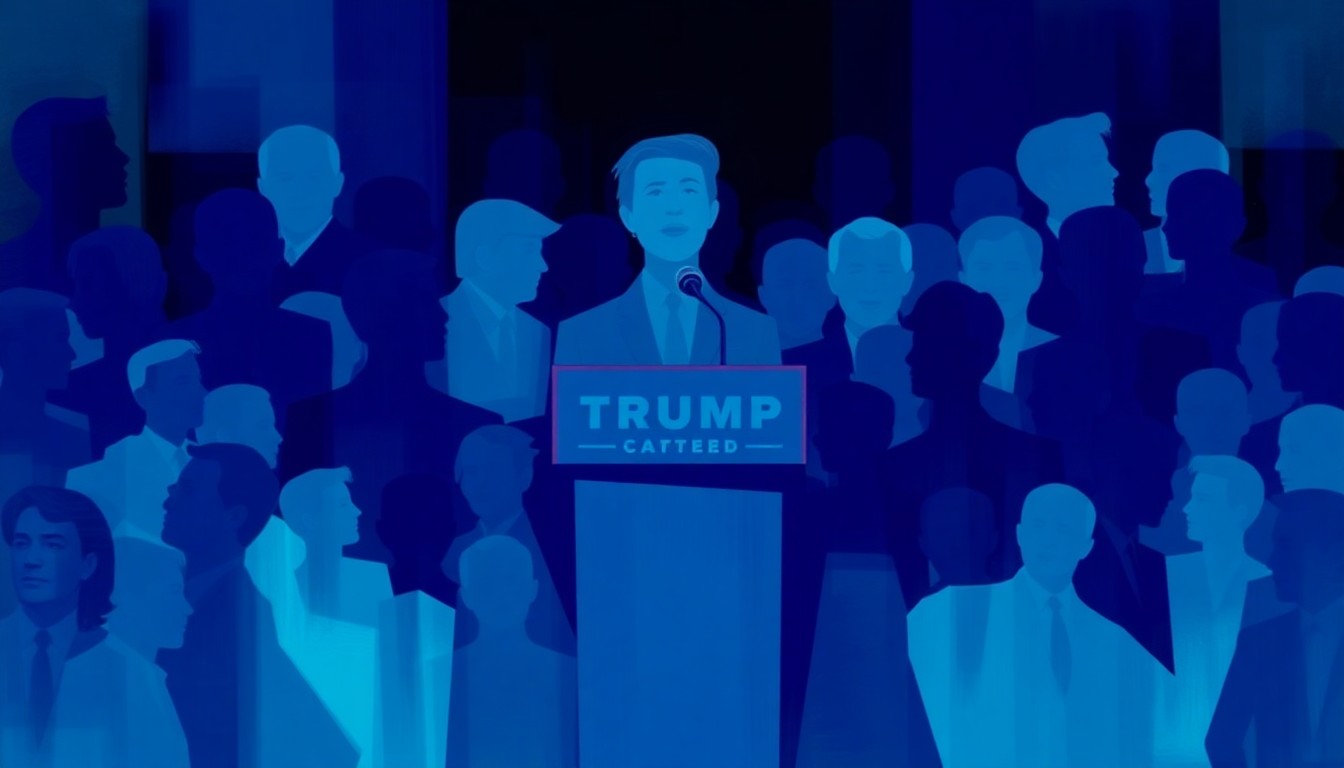 A fractured, abstract painting of a podium with a microphone, repeated in overlapping geometric shapes and waves of deep blue, teal, and violet, conveying the chaotic energy of a political campaign.