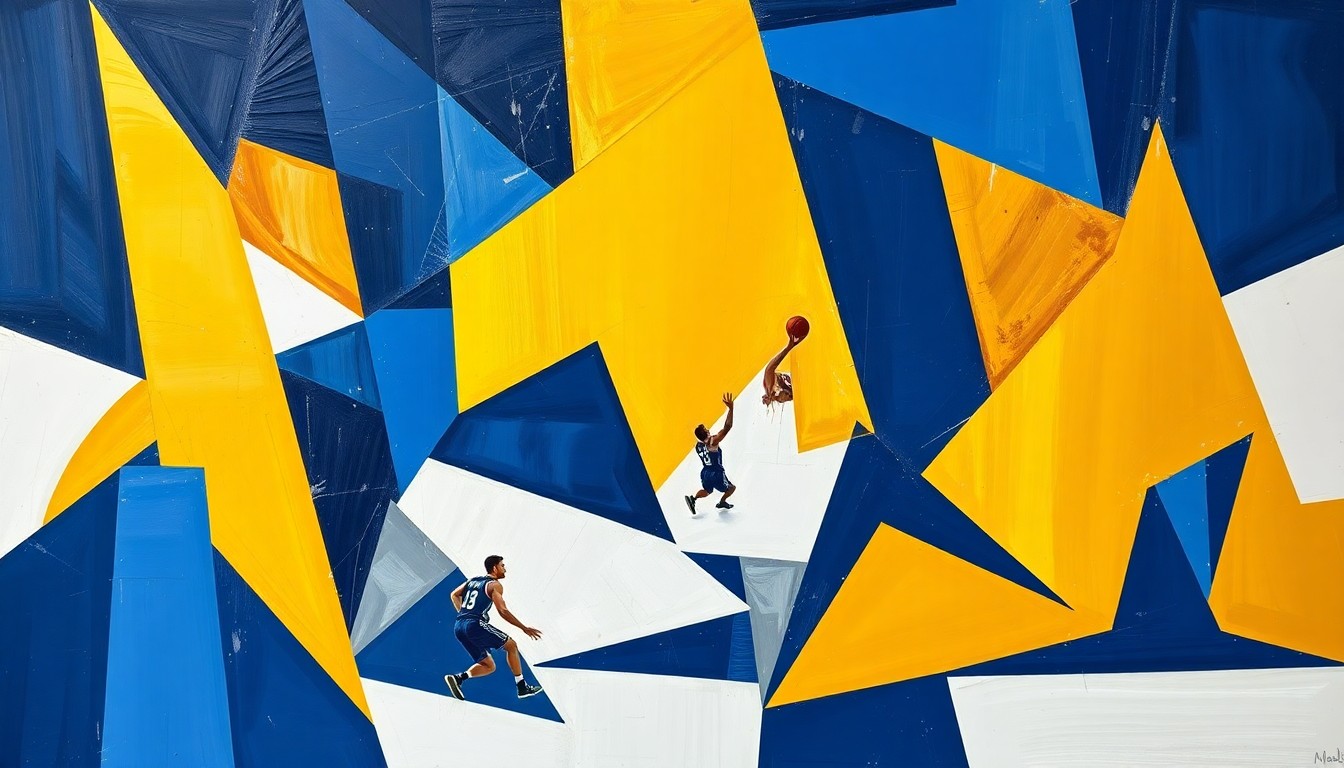 A cubist, geometric painting depicting the dynamic action of a basketball game, with overlapping planes of navy blue, gold, and white representing the energy and teamwork of the Mountain City Lions.