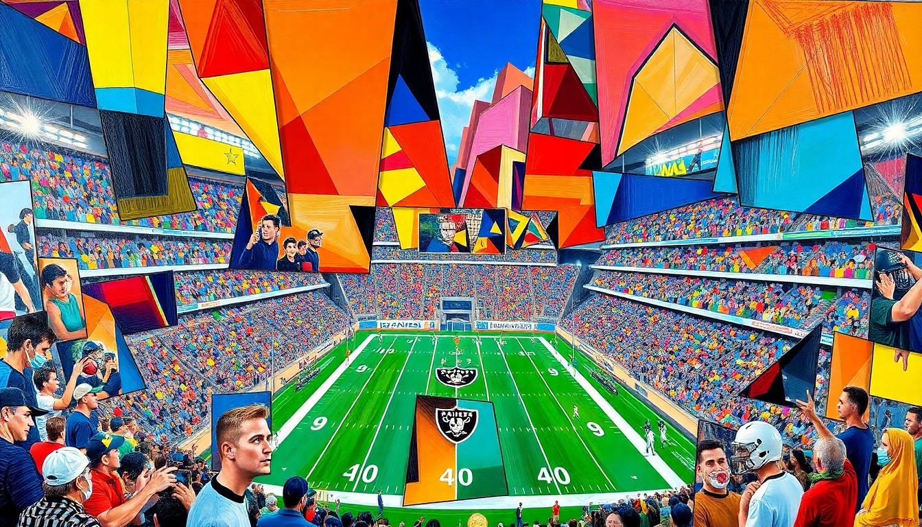 A cubist, geometric painting depicting a football game at Allegiant Stadium in Las Vegas, with sharp, overlapping planes of color representing the players and action on the field.