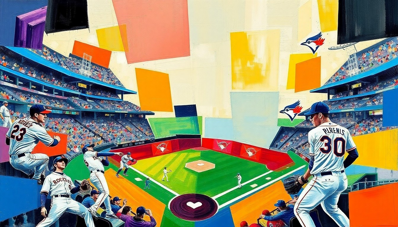 A fractured, multi-perspective painting depicting a baseball game, with sharp, overlapping geometric shapes in the colors of the Rockies and Blue Jays uniforms.