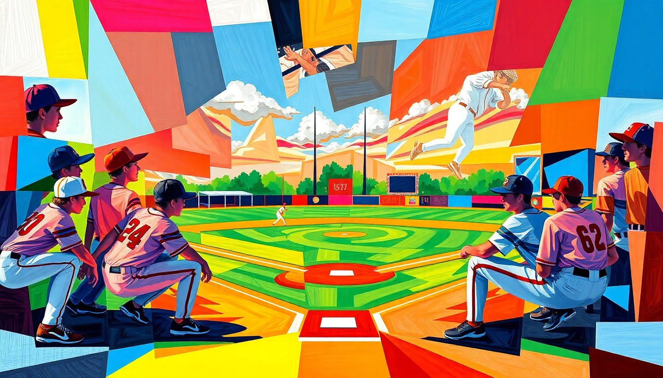 A cubist-style painting depicting a high school baseball or softball game, with the players and field broken down into sharp, overlapping geometric shapes in a vibrant color palette.