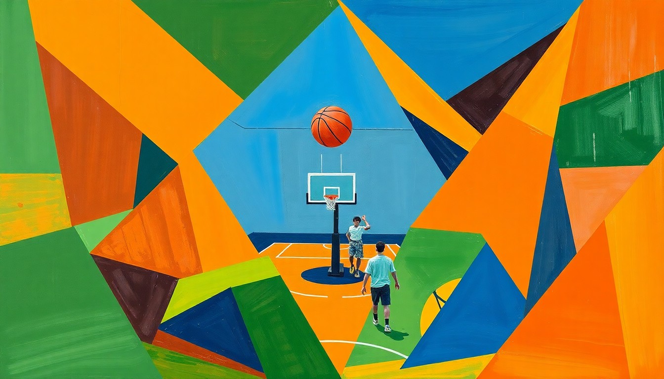 A vibrant, cubist-style painting depicting a high school basketball game broken down into overlapping geometric shapes and planes of color, representing the transition and change facing the Big Sky program.