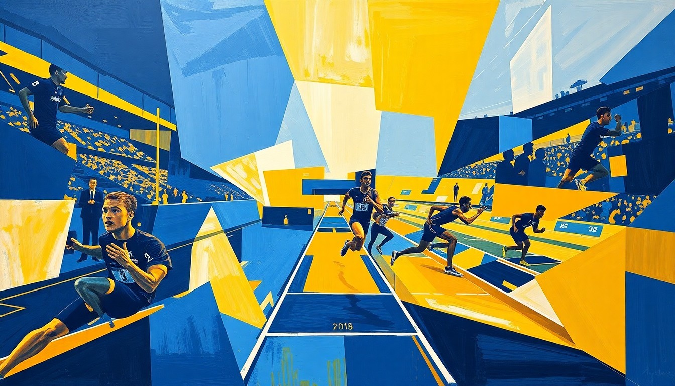 A cubist, geometric painting depicting a track and field competition, with the athletes and equipment broken down into sharp, overlapping planes of navy blue and gold colors, conceptually representing the talent and success of the Montana State Bobcats track and field team.