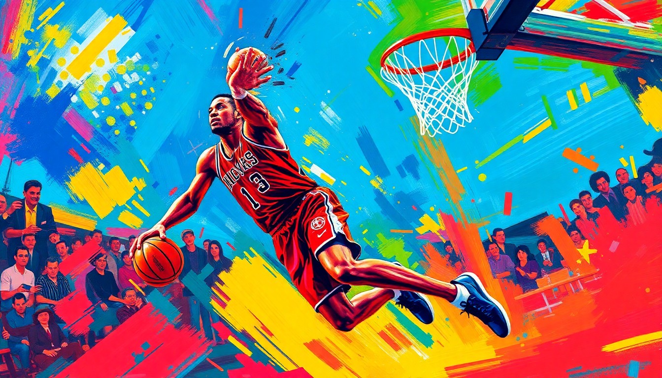An abstract, expressionist painting in neon colors depicting the dynamic movement and energy of a basketball player driving to the hoop, conveying the raw athleticism and potential of a rising NBA star.
