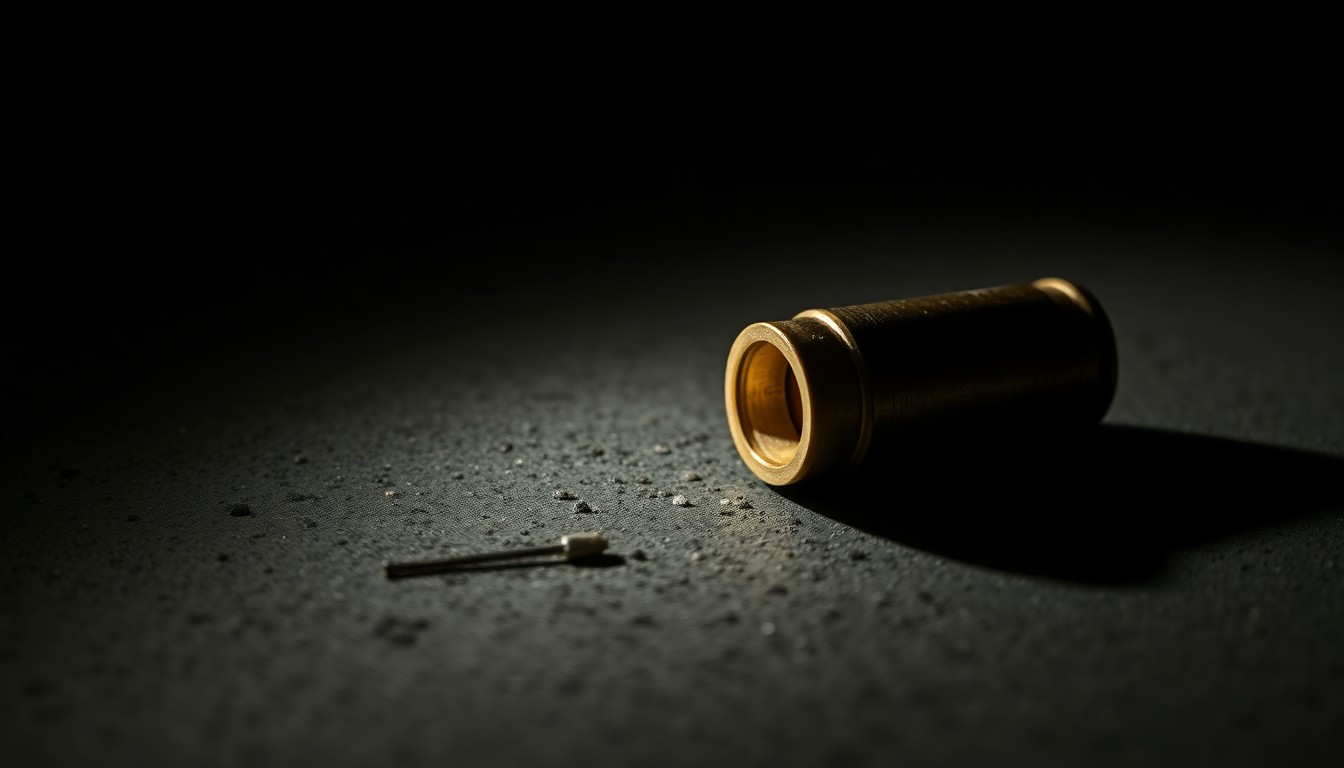 An extreme close-up photograph of a single spent shell casing on a dark concrete surface, conceptually representing the physical evidence left behind from a violent crime.