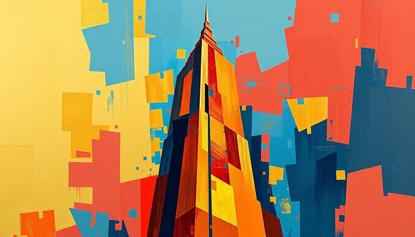 A fractured, abstract painting in shades of gold, red, and blue depicting the silhouette of a tall, angular skyscraper with overlapping, repeating geometric shapes to convey a sense of motion and energy, conceptually representing the ambitious and unconventional nature of the planned Trump presidential library.