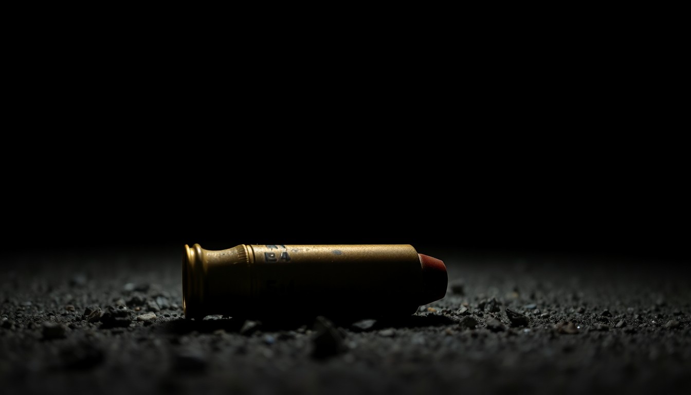 An extreme close-up photograph of a spent shell casing on the ground, lit by a harsh, direct camera flash against a pitch-black background, conceptually representing the evidence of a violent incident at a shopping mall.
