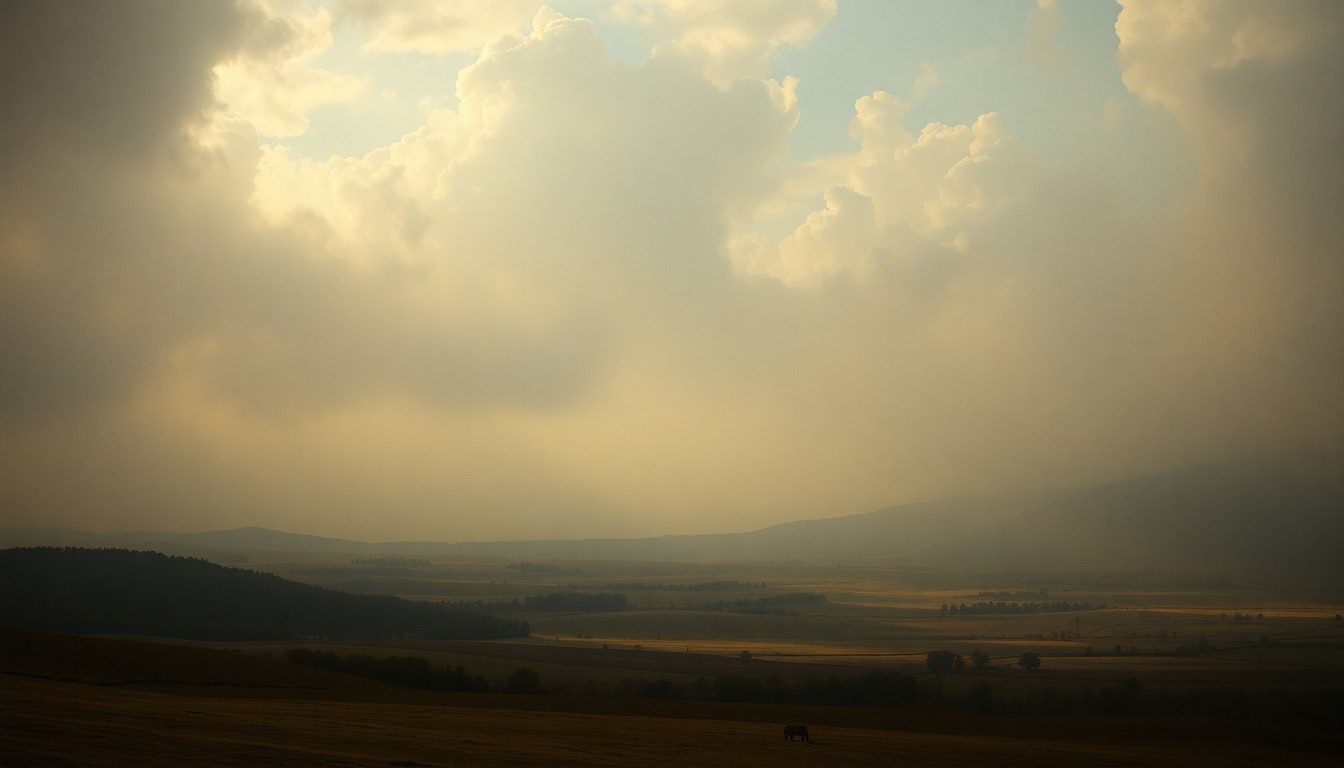 A vast, atmospheric landscape painting in muted tones of gray and brown, with a heavy haze of smoke obscuring the horizon and dwarfing any visible structures or figures.