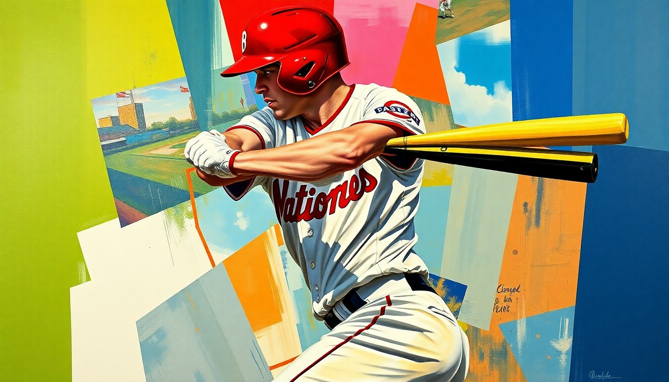 A fragmented, geometric painting depicting a baseball player's batting motion from multiple angles, with sharp planes of color representing the Nationals and Phillies uniforms.