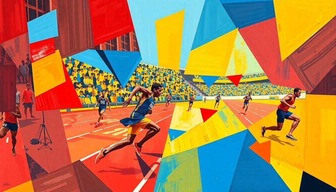 A cubist, geometric painting depicting the dynamic movements and competition of a track and field event, with overlapping planes of color and form.