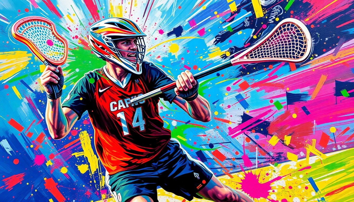 An extreme close-up of a lacrosse player in mid-motion, surrounded by a vibrant, expressionist painting of neon colors and rapid brushstrokes, conceptually capturing the raw energy and dynamism of the sport.