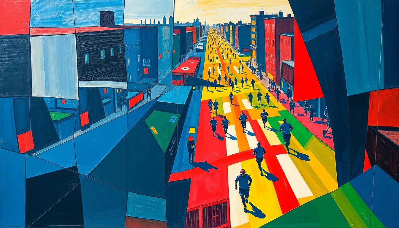 A cubist-style painting depicting the Boston Marathon course and runners as fragmented geometric shapes in a palette of deep blues, reds, and greens, conceptually representing the extreme physical and mental challenge of the 'Double Boston' endurance event.