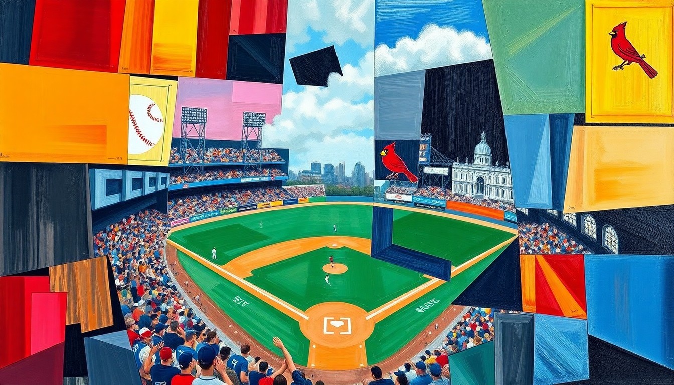 A cubist, geometric illustration depicting a baseball game between the Mets and Cardinals, with the players and field broken down into sharp, overlapping planes of color and shape.