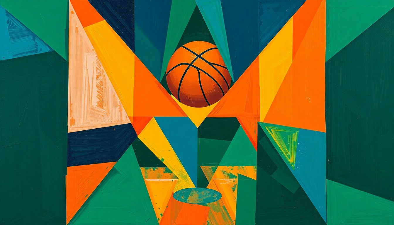 A fractured, cubist-style painting depicting the dynamic movements and energy of a basketball game, with sharp geometric shapes and planes in a rich color palette representing the transition to a new era for the UAA men's basketball program.