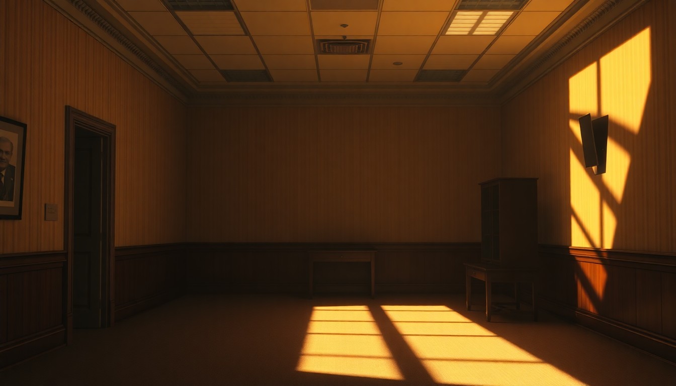 A dimly lit, cinematic government office space with a lone desk and chair, the warm sunlight casting long shadows and creating a sense of solitude and unease, conceptually representing the politicization of federal institutions.