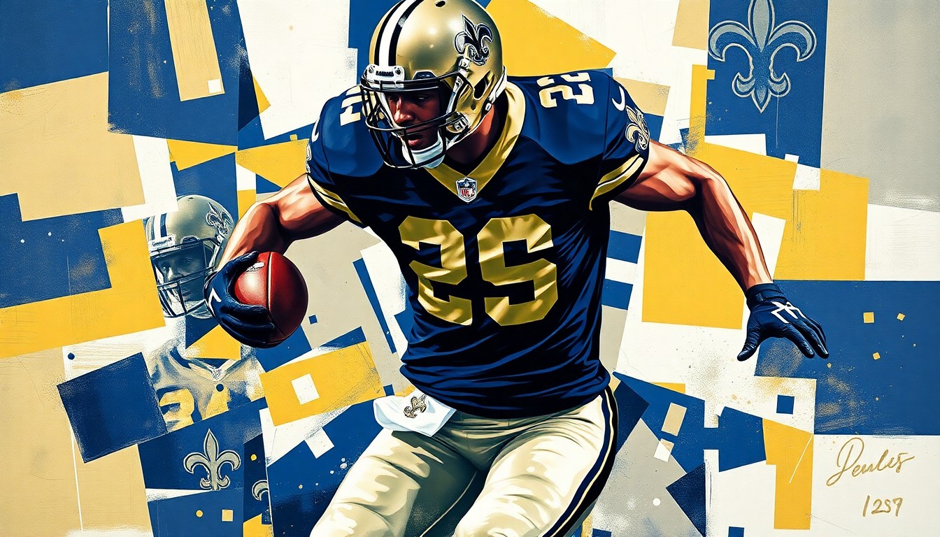 A cubist, geometric painting depicting a football player in action, with sharp, overlapping planes of navy blue, gold, and white representing the New Orleans Saints' colors.