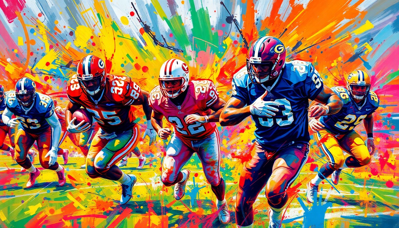 An abstract expressionist painting using vibrant neon brushstrokes to depict the dynamic motion and energy of an American football game, with players' forms dissolving into unrecognizable splatters of color.