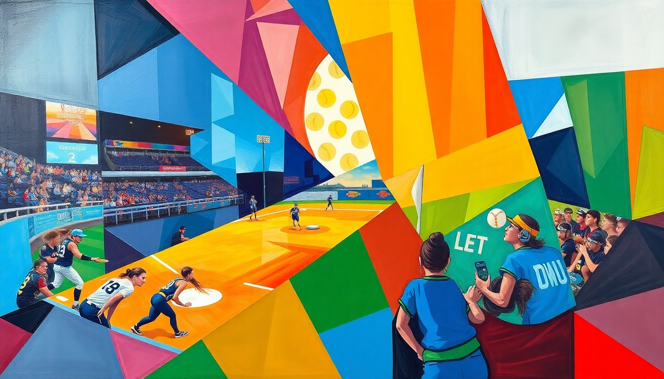 A cubist, geometric painting depicting the action of a college softball game, with sharp, overlapping planes of color representing the players, field, and equipment.