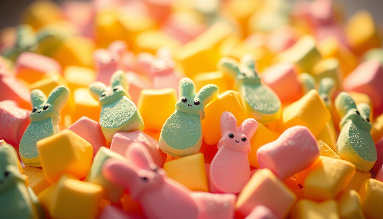 An abstract, out-of-focus photograph of a pile of colorful Peeps marshmallow candies in soft, warm lighting, conceptually representing the nostalgic and emotional connections people have with this iconic Easter candy.