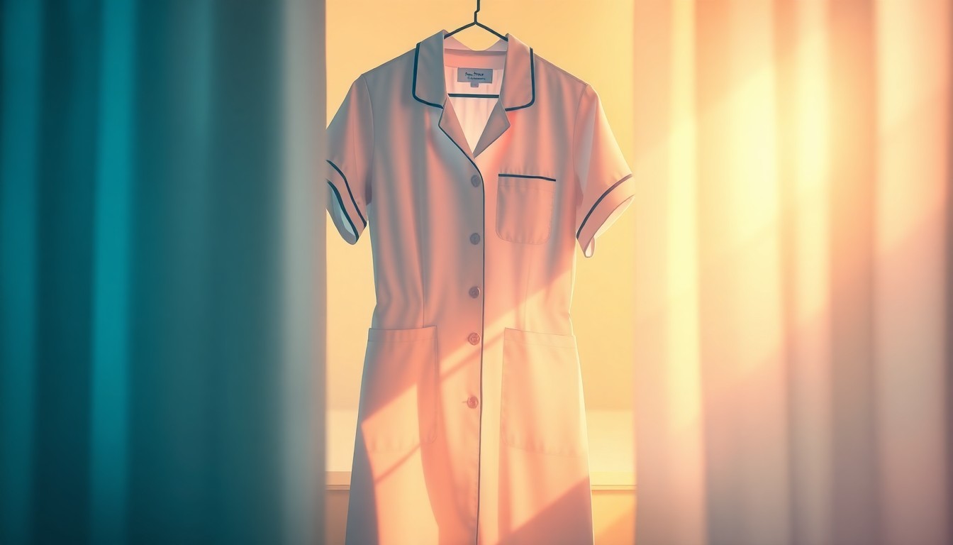 A softly focused, impressionistic image of a nurse's uniform hanging in a window, the fabric and details blurred into a warm, dreamlike scene that evokes a sense of remembrance and nostalgia.