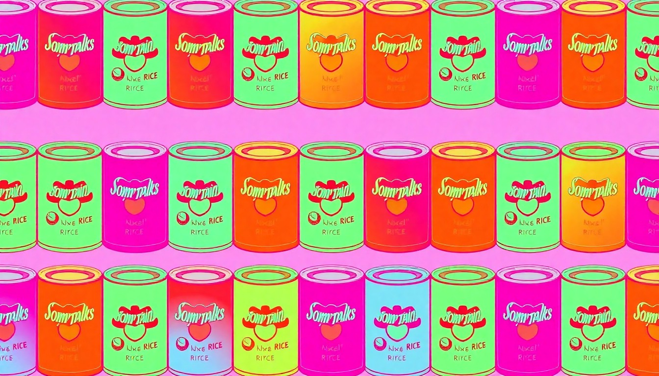 A highly stylized, abstract grid of brightly colored canned goods and non-perishable food items, conceptually representing the energy and community spirit of the Sort-A-Rama food packing event.