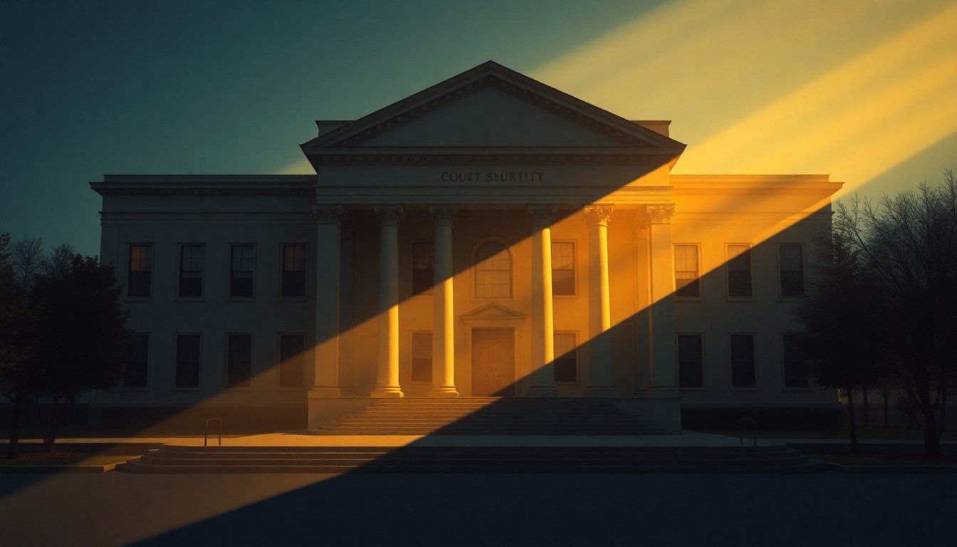 A serene, cinematic painting of an empty government building or courthouse, with warm sunlight streaming through the windows and deep shadows cast across the facade, conveying a sense of tension and uncertainty surrounding the ongoing legal battles over the president's policies.