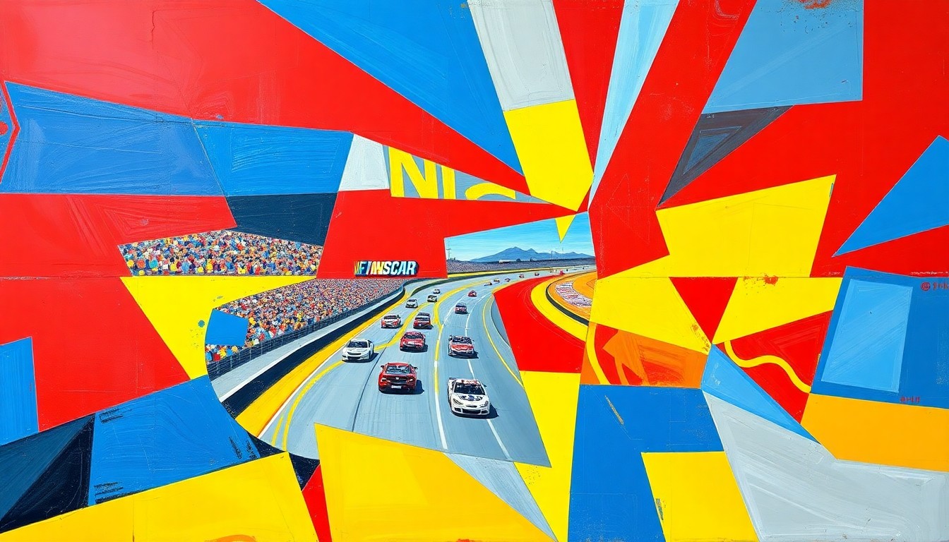 A cubist, geometric painting depicting a NASCAR race at Martinsville Speedway, with the cars and track broken down into overlapping planes of vibrant red, blue, and yellow colors.