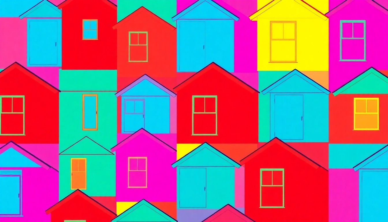 A brightly colored, high-contrast silkscreen print of a repeating tiny home design element in vibrant neon hues, conceptually representing the modern, community-focused approach to affordable housing in Ojai.