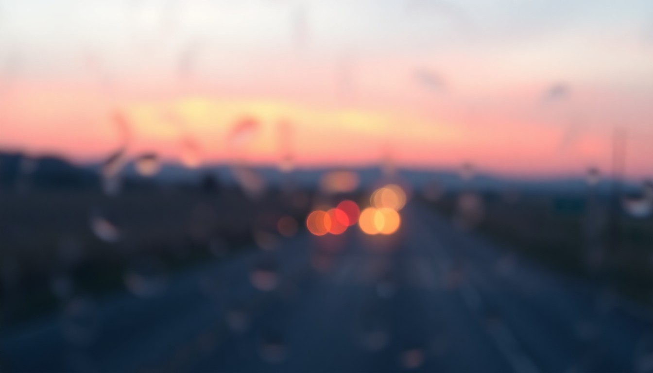 An abstract, impressionistic photograph of a rural Missouri highway at dusk, with soft, blurred pools of warm amber and blue light, conceptually representing the atmospheric mood and temporary disruptions of routine road maintenance work.