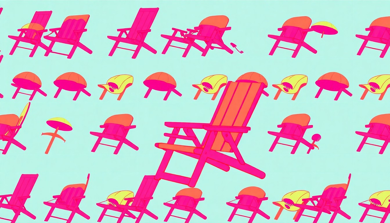 A brightly colored, high-contrast silkscreen print of a single, iconic coastal object such as a beach chair or seashell repeated in a tight grid pattern, capturing the playful, vintage-inspired spirit of the home's design.