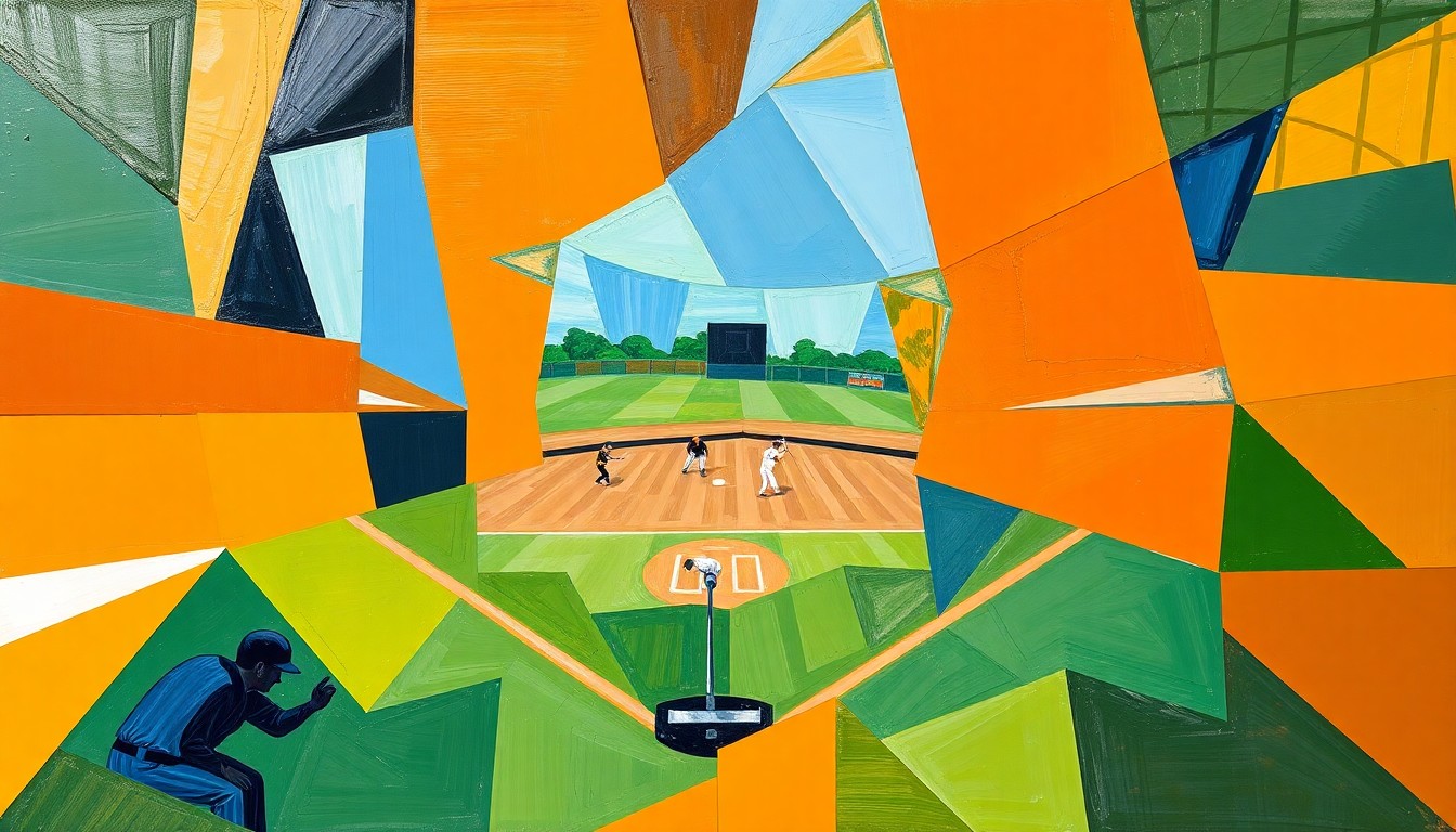A cubist-style painting depicting a softball game broken down into fragmented geometric shapes and planes, using bright, contrasting colors to capture the dynamic energy of the sport.