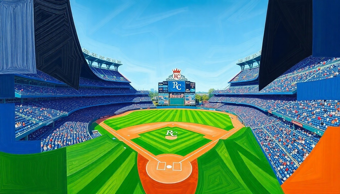A fractured, cubist-style painting depicting a Royals baseball game at Kauffman Stadium, with the players and field broken down into sharp, overlapping geometric shapes and planes of vibrant blue, green, and brown colors.