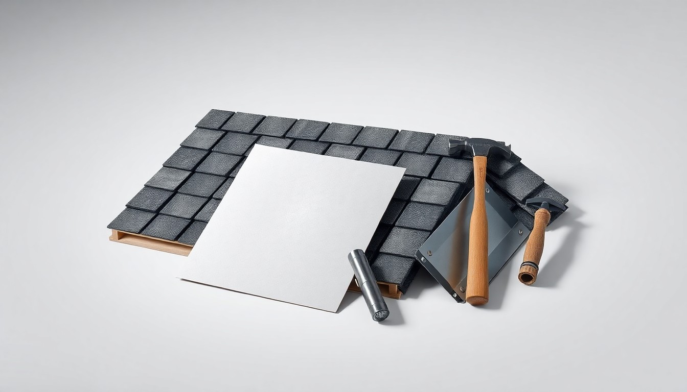 A high-end studio photograph featuring a collection of premium roofing materials and tools arranged elegantly on a clean, monochromatic background, conceptually representing the expertise and craftsmanship of professional roof repair.