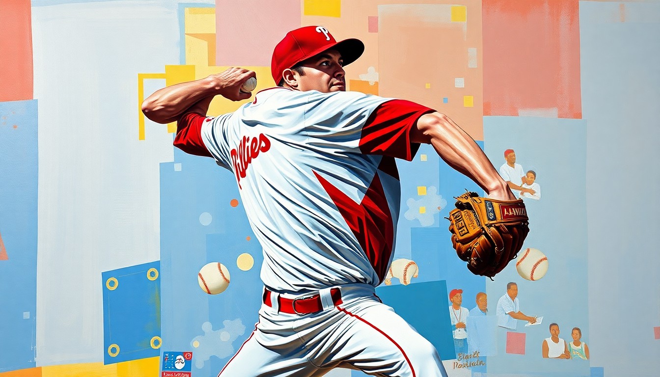 A cubist-style painting depicting a baseball pitcher's windup and delivery broken down into sharp, overlapping geometric shapes in the Phillies' red and blue colors, capturing the dynamic motion of the sport.