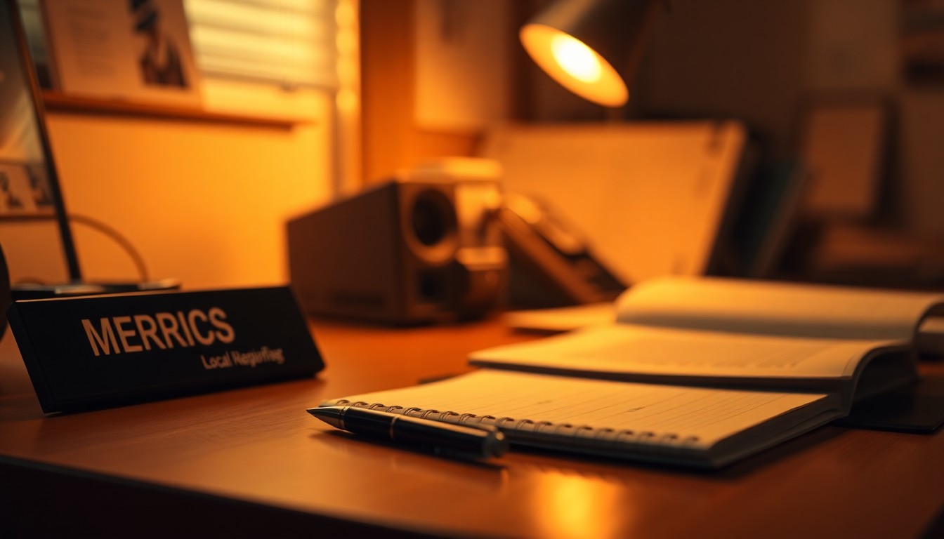 An abstract, out-of-focus photograph in warm tones depicting the desk of a local news reporter, with a nameplate, pen, and notebook visible, conveying the quiet dedication and contemplation of a journalist's work.