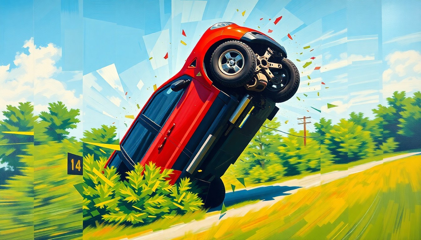 A fragmented, geometric painting depicting the twisted wreckage of an overturned SUV amidst a vibrant backdrop of greenery and sky, conveying the disorienting nature of the high-speed crash involving Tiger Woods.