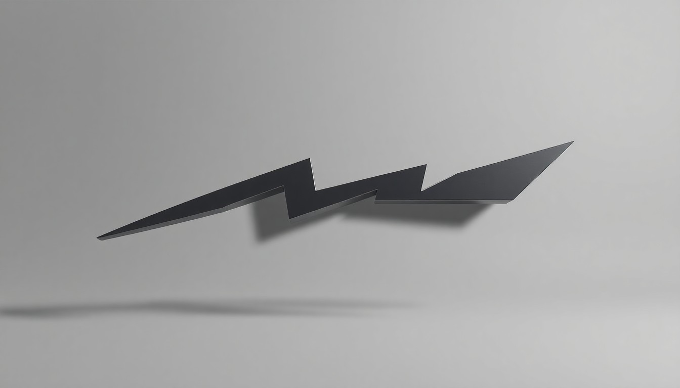 A sleek, metallic lightning bolt sculpture suspended against a plain grey background, conveying the abstract corporate strategy and financial complexities of the major transmission line project.