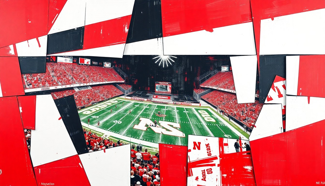 A fragmented, geometric painting in shades of red, white, and black depicts the motion and chaos of a Nebraska football game, with sharp lines and overlapping shapes representing the players and action on the field.