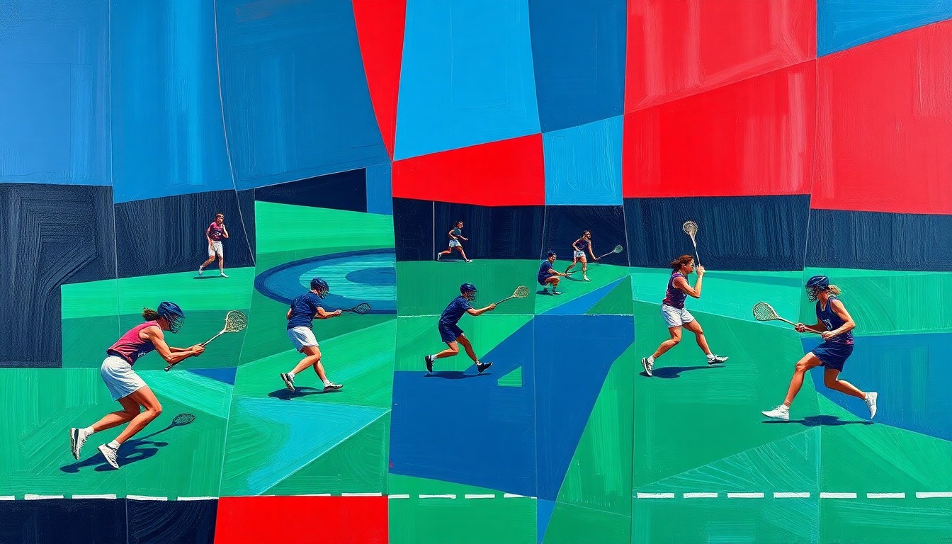 A fragmented, geometric painting depicting the dynamic movements and competing forces of a lacrosse game, with players and the field abstracted into sharp, overlapping shapes in a bold color palette.