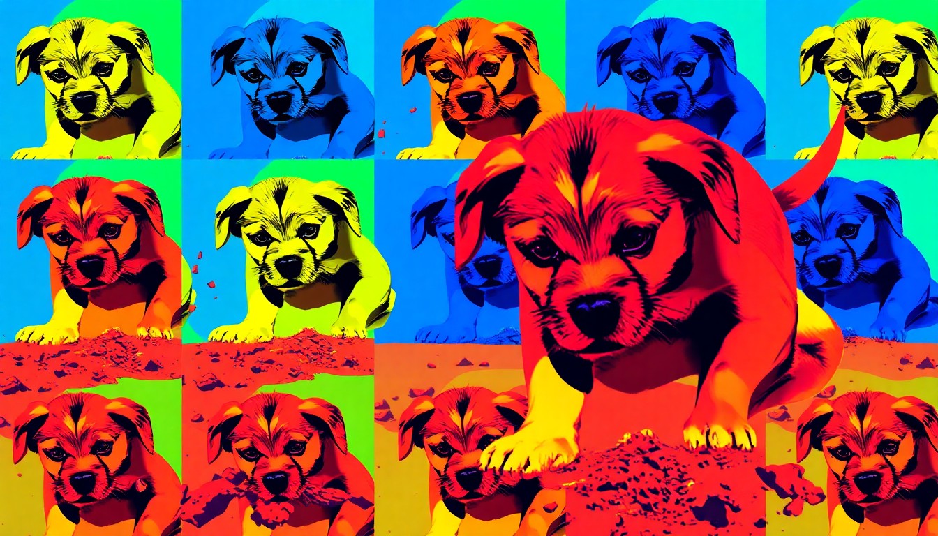 A brightly colored, high-contrast silkscreen-style illustration of a playful dog digging in the dirt, repeated in a tight grid pattern, conceptually representing the fun and engaging nature of MGU's 'Ambassadog' campaign to promote safe digging practices.