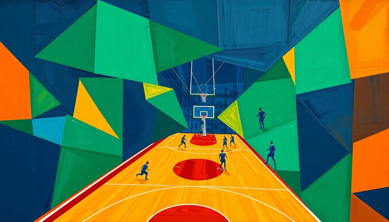 A visually striking, cubist-inspired painting depicting a fragmented, multi-angled view of a basketball game, with sharp geometric shapes and bold colors capturing the dynamic energy of the sport.