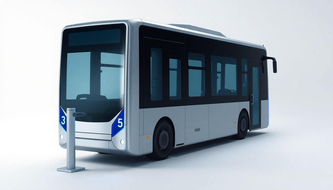 A photorealistic studio still life depicting a sleek, geometric electric bus charging station against a clean, white background, symbolizing sustainable urban mobility and transit infrastructure investment.