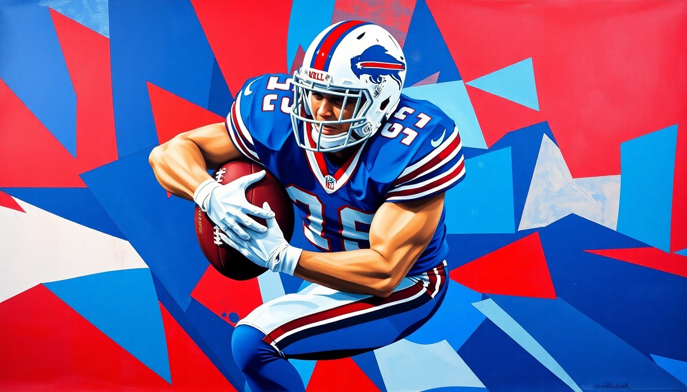A cubist-style painting depicting a football player in mid-tackle, their body broken down into sharp, geometric shapes in shades of blue and red, conveying the intensity and physicality of the sport.