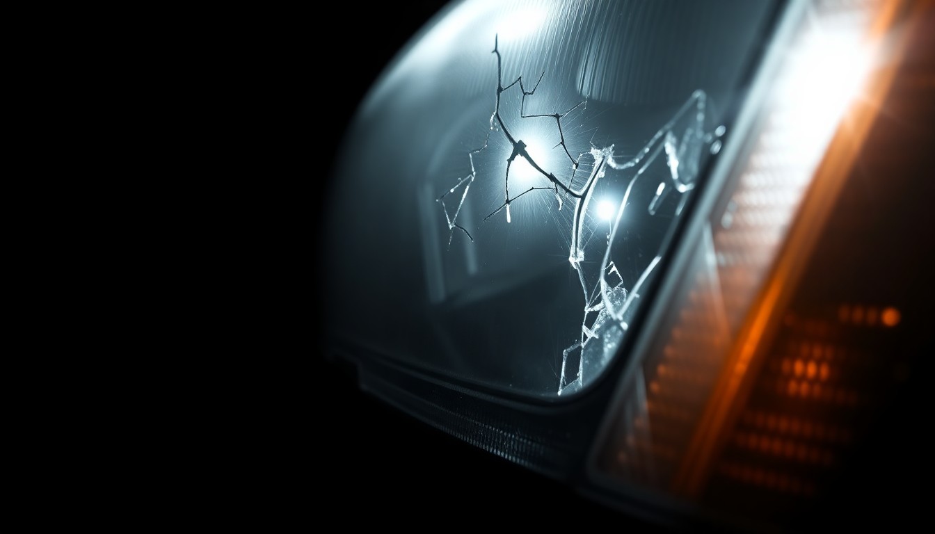 An extreme close-up of a cracked vehicle headlight lens, reflecting a harsh flash of light, conceptually illustrating the aftermath of a serious traffic collision.